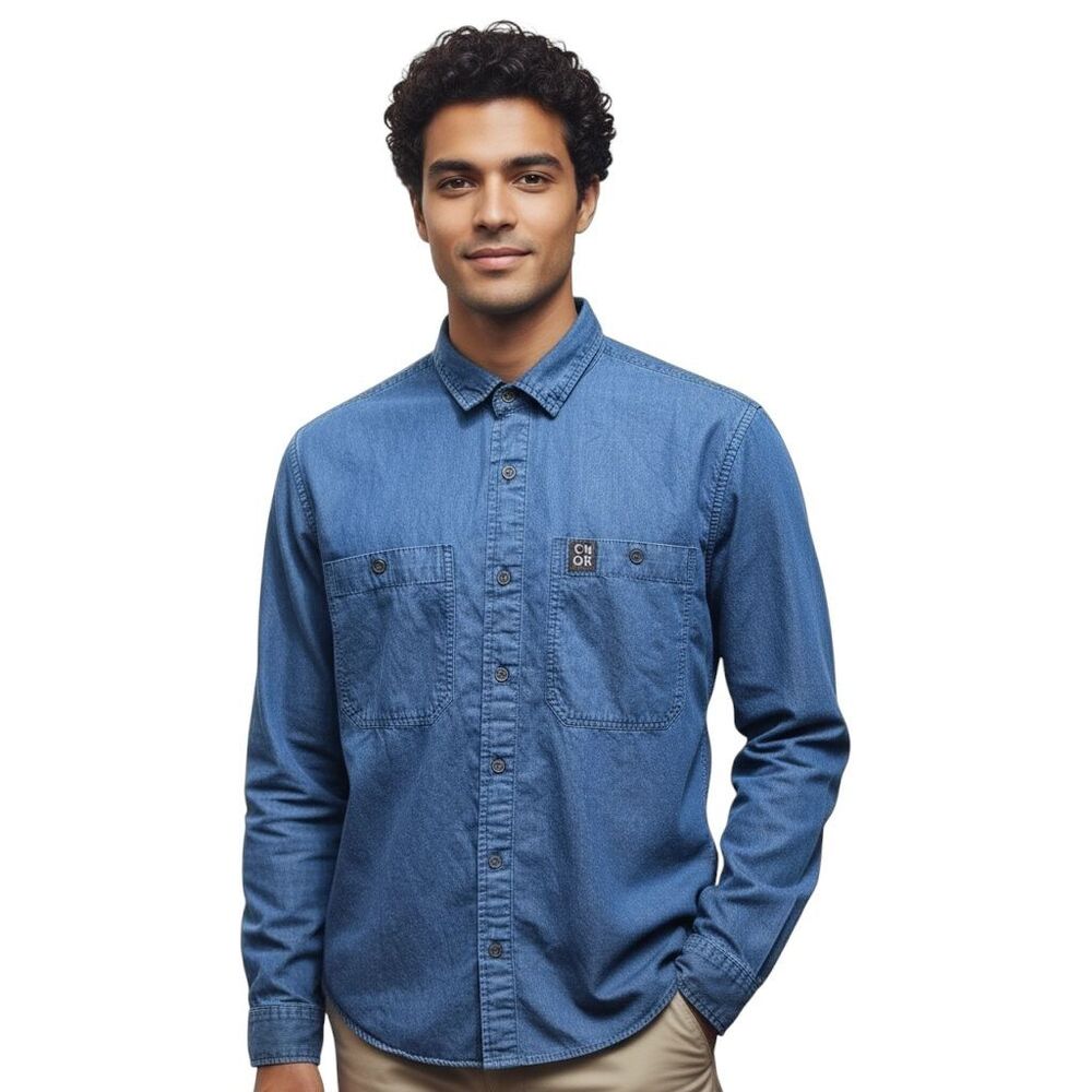 Mens CNQR Blue Denim Long Sleeve Button Down Shirt Workwear Casual Shacket Small